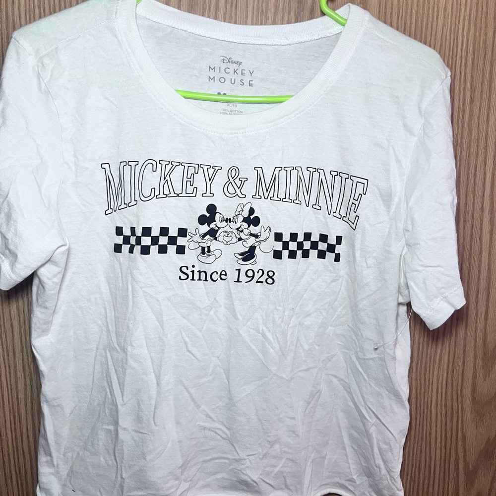 Disney White Mickey & Minnie Graphic Tee with Checker Detail